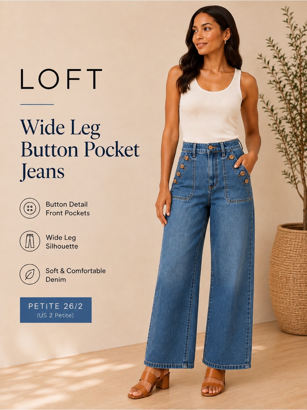 LOFT Petite Wide Leg Button Front Pocket Jeans Medium Wash Size 26/2